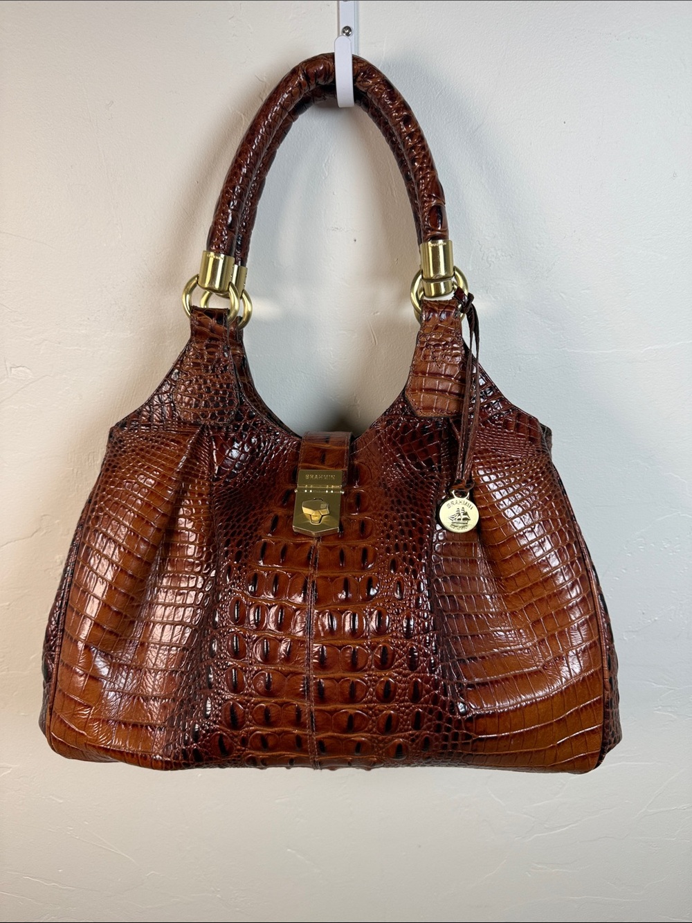 Brahmin Eliza Croc-Embossed Brown Leather Shoulder Bag with Gold Hardware